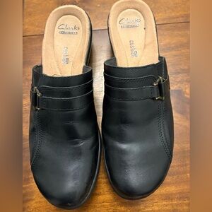 Clarks Black Leather Mules with Buckle Detail